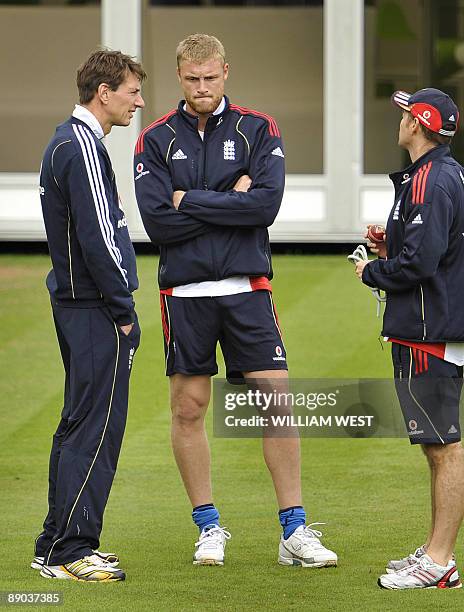 England cricketer Andrew Flintoff listens to team staff at training before announcing he will retire from Test cricket at the end of the Ashes series...