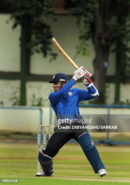 Indian cricketer S. Badrinath bats during a practice match at the National Cricket Academy in Bangalore on July 15 2009. A five day preparatory camp...