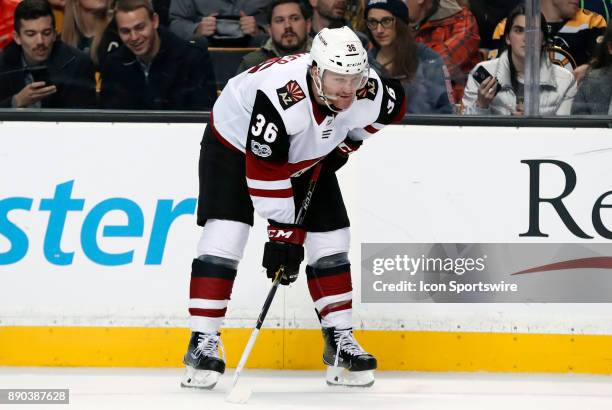 Arizona Coyotes right wing Christian Fischer waits for a face off during a game between the Boston Bruins and the Phoenix Coyotes on December 7 at TD...