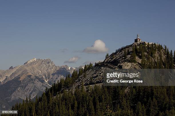 The Sulphur Mountain lookout is seen from the top of the tram gondola platform in this 2009 Banff Springs, Canada, early morning landscape photo.