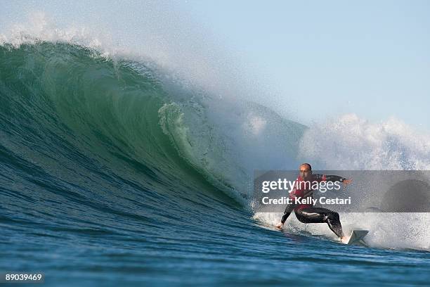 Bobby Martinez of the United States bottom turns on his backhand during the Quarter Finals of the Billabong Pro on July 15, 2009 in Jeffreys Bay,...