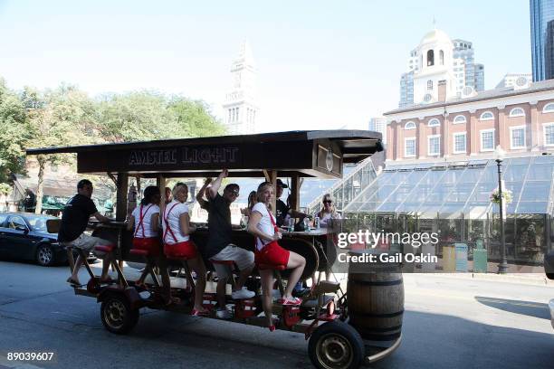 Amstel Light's Beer Bike rides through the streets of Faneuil Hall during the Amstel Light's Amsterdam Live kick-off event on July 9, 2009 in Boston,...