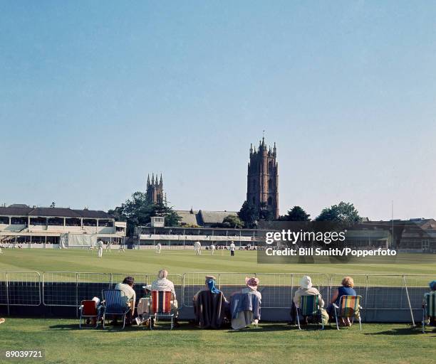 Cricket match in progress at the County Ground in Taunton, home of Somerset County Cricket Club, circa 1975.