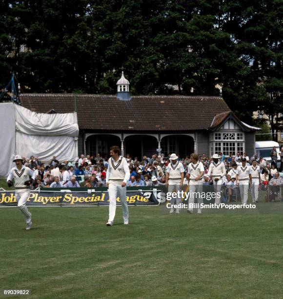 Jack Russell and David Graveney leading Gloucestershire onto the field prior to their John Player League match against Somerset at the County Ground...