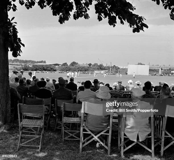 Somerset playing a county cricket match at the Morlands Athletic Ground in Glastonbury, circa 1970.