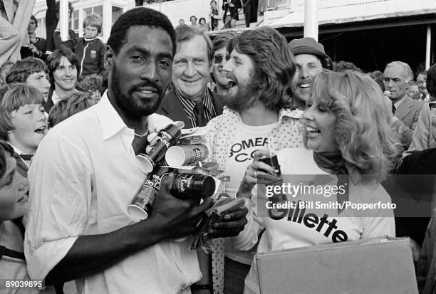 Somerset's Viv Richards receives some products from the sponsors after being awarded the 'man of the match' for his performance in the Gillette Cup...