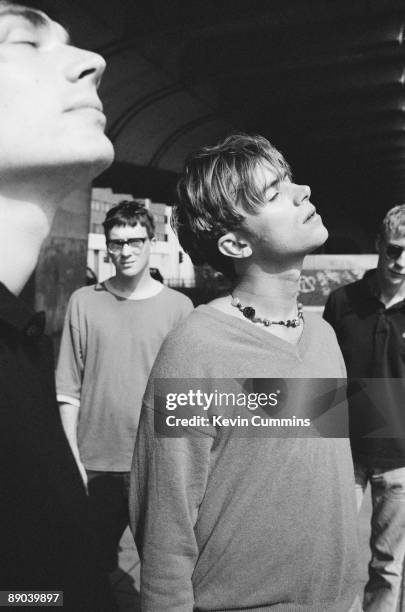 English pop group Blur, Hammersmith, London, 22nd August 1995. Left to right: bassist Alex James, guitarist Graham Coxon, singer Damon Albarn and...