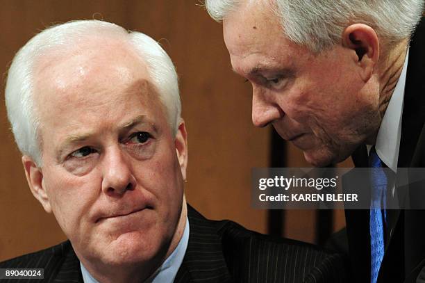 Senator Jeff Sessions, R-AL, speaks with Sen. John Cornyn,R-TX, as US Supreme Court Nominee Sonia Sotomayor answers questions on July 15, 2009 during...