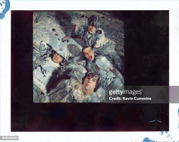 Polaroid test shot of Manchester rock group The Stone Roses in a paint-spattered abstract expressionist romp, 5th November 1989. Clockwise, from top:...