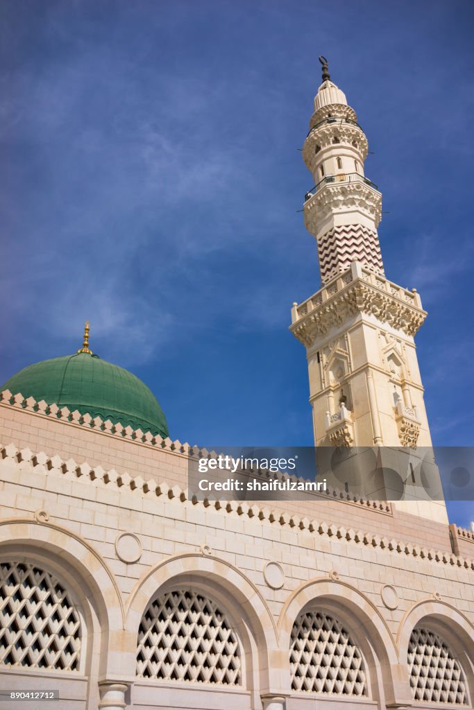 View of minaret for Mosque Al-Nabawi in Medina, Saudi Arabia.