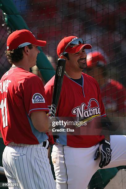 National League All-Stars Brad Hawpe of the Colorado Rockies and Adrian Gonzalez of the San Diego Padres look on during the Gatorade All-Star Workout...