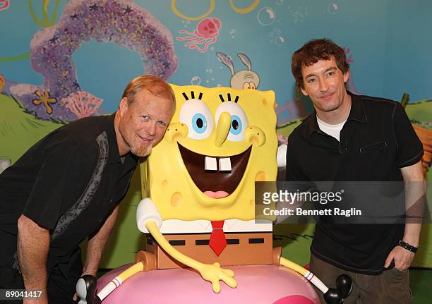 Bill Fagerbakke the voice of Patrick and Tom Kenny the voice of Spongebob attends the Spongebob Squarepants wax figure unveiling at Madame Tussauds...