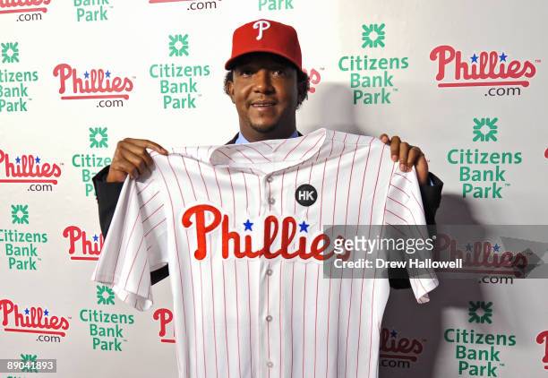July 15: The Philadelphia Phillies Pedro Martinez holds up his jersey after joining the team on July 15, 2009 at Citizens Bank Park in Philadelphia,...