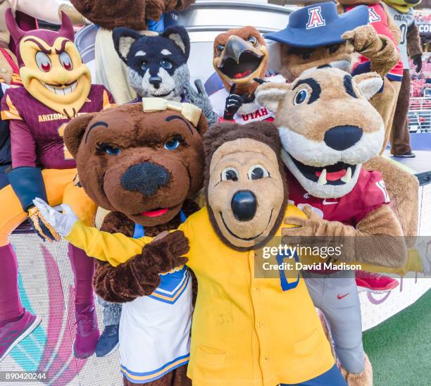 Mascots of the Pac-12 Conference including Josephine Bruin , Oski , and Butch T. Cougar ; Sparky the Sun Devil , Harry the Husky , Swoop , and Wilbur...