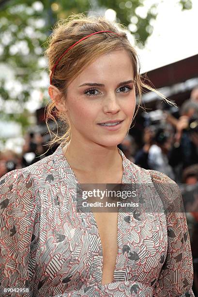 Actress Emma Watson attends the 'Harry Potter and the Half-Blood Prince' film premiere at the Odeon Leicester Square on July 7, 2009 in London,...