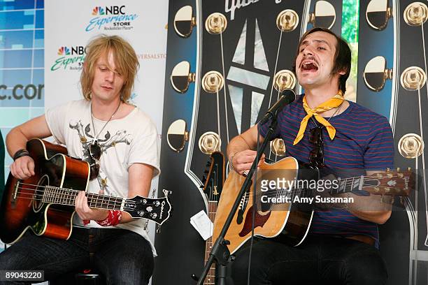 Allan Villedasen and Steffen Westmark , Westmark, of the The Blue Van, perform during the Gibson Sessions at the NBC Experience Store on July 15,...
