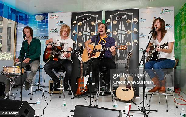 Per Jorgensen, Allan Villedasen, Steffen Westmark and Soren Christense, of the The Blue Van, perform during the Gibson Sessions at the NBC Experience...