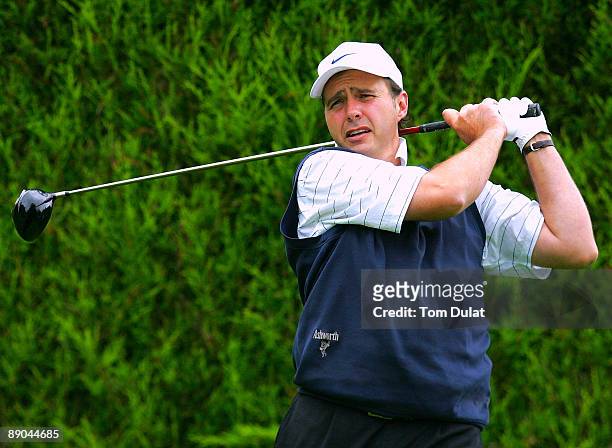 Scott Brown of Cowdray Park tees off from the 1st hole during the Virgin Atlantic PGA National Pro-Am Regional Qualifier at The Hindhead Golf Club on...