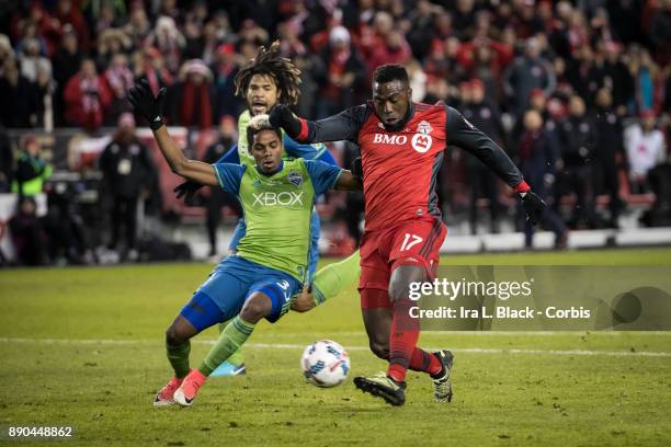 Jozy Altidore of Toronto FC breaks away from Joevin Jones of Seattle Sounders and goes toward the goal during the 2017 Audi MLS Championship Cup...