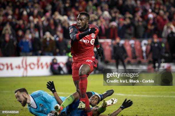 Jozy Altidore of Toronto FC scores a goal during the 2017 Audi MLS Championship Cup match between Toronto FC and Seattle Sounders FC at BMO Field on...