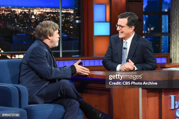 The Late Show with Stephen Colbert and guest Mark Hamill during Friday's December 8, 2017 show.