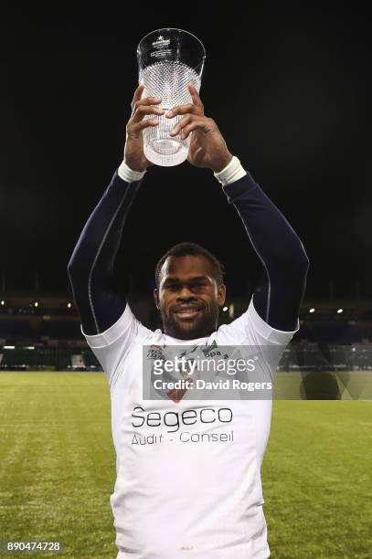 Man of the Match Alivereti Raka of Clermont Auvergne celebrates after European Rugby Champions Cup match between Saracens and ASM Clermont Auvergne...