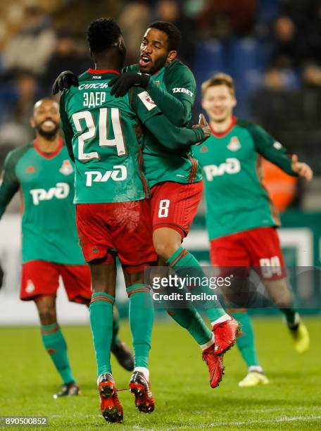Eder of FC Lokomotiv Moscow celebrates his goal with Jefferson Farfan during the Russian Football League match between FC Tosno and FC Lokomotiv...