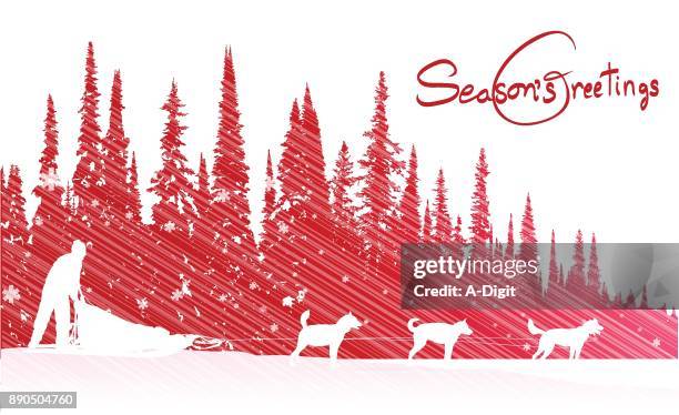 dog sled season's greetings - dog sledding stock illustrations