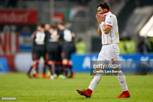 Kaan Ayaan of Duesseldorf looks dejected after loosing the Second Bundesliga match between Fortuna Duesseldorf and 1. FC Nuernberg at Esprit-Arena on...