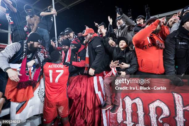 Jozy Altidore of Toronto FC gets greeted by the fans after the 2017 Audi MLS Championship Cup match between Toronto FC and Seattle Sounders FC at BMO...