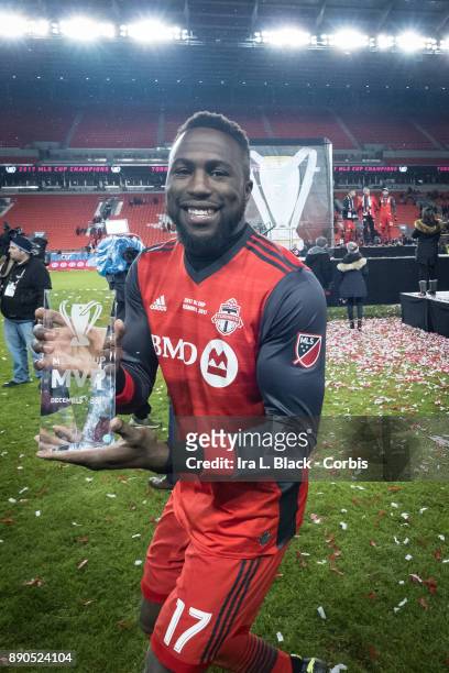 Jozy Altidore of Toronto FC holds up the MVP Man of the Match award after the 2017 Audi MLS Championship Cup match between Toronto FC and Seattle...