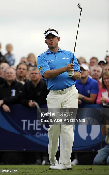 English golfer Lee Westwood tees off from the 1st tee on the first day of the 138th British Open Championship at Turnberry Golf Course in south west...
