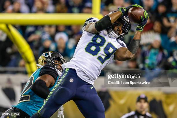 Seattle Seahawks wide receiver Doug Baldwin catches a pass for a touchdown during the game between the Seattle Seahawks and the Jacksonville Jaguars...