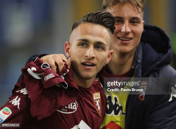 Simone Edera of Torino FC celebrates after scoring the team's third goal during the Serie A match between SS Lazio and Torino FC at Stadio Olimpico...