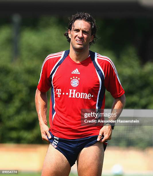Luca Toni reacts during the FC Bayern Muenchen training session at Bayern's training ground Saebener Strasse on July 16, 2009 in Munich, Germany.
