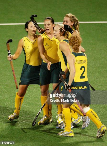 Australia celebrate a goal by Casey Eastham during the Women's Hockey Champions Trophy match between England and the Australian Hockeyroos at Sydney...
