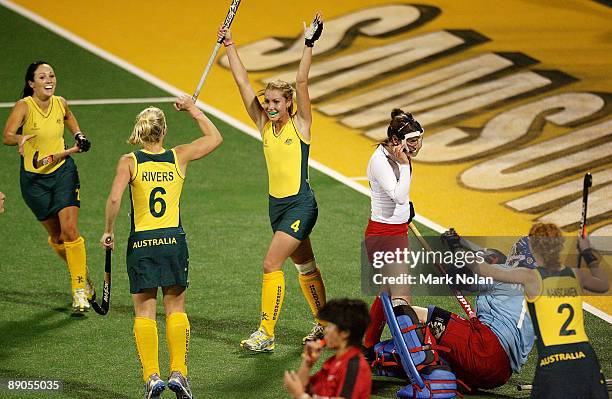 Casey Eastham of Australia celebrates scoring a goal during the Women's Hockey Champions Trophy match between England and the Australian Hockeyroos...