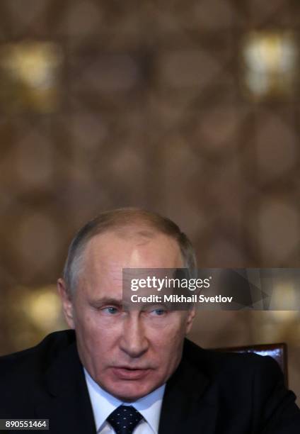 Russian President Vladimir Putin speeches during Russian-Egyptian meeting on December 11, 2017 in Cairo, Egypt. Putin is having a one-day trip to...