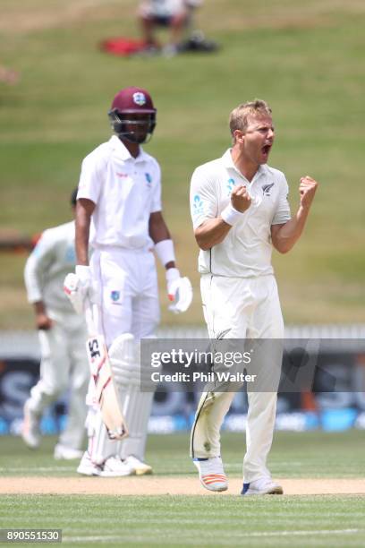 Neil Wagner of New Zealand celebrates his wicket of Shai Hope of the West Indies during day four of the Second Test Match between New Zealand and the...