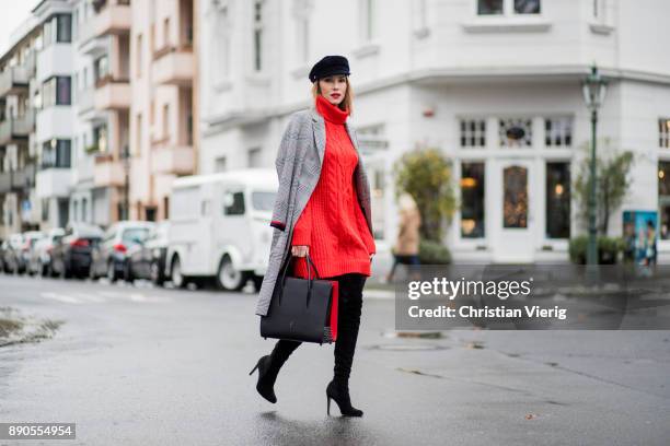 Alexandra Lapp wearing red turtleneck dress from H&M, overknee boots in black from Gianvito Rossi, checked coat from SET fashion, velvet baker boy...