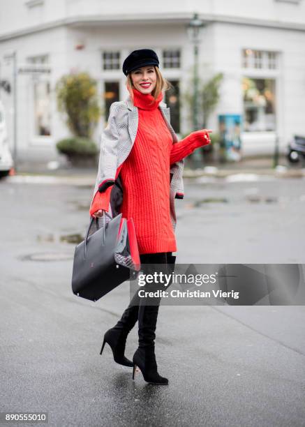 Alexandra Lapp wearing red turtleneck dress from H&M, overknee boots in black from Gianvito Rossi, checked coat from SET fashion, velvet baker boy...