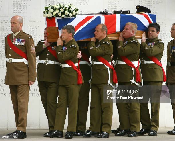 The coffin of Lt Col Thorneloe is taken into Guards Chapel during his funeral on July 16, 2009 in London, England. Lt Col Thorneloe Commanding...