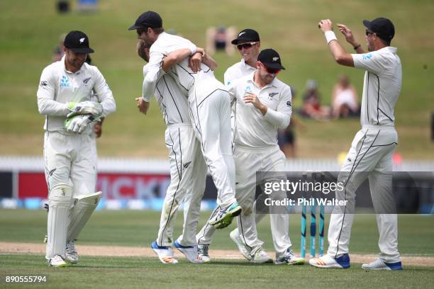Neil Wagner of New Zealand celebrates his wicket of Shai Hope of the West Indies during day four of the Second Test Match between New Zealand and the...