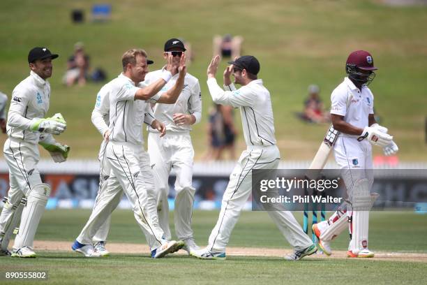 Neil Wagner of New Zealand celebrates his wicket of Shai Hope of the West Indies during day four of the Second Test Match between New Zealand and the...