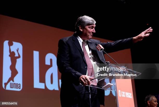 Head coach and President of Basketball Operations Bill Laimbeer speaks during a news conference as the WNBA and MGM Resorts International announce...