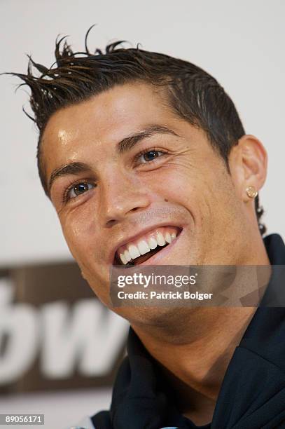 Cristiano Ronaldo speaks at a press conference during the Real Madrid pre-season training camp at Carton House Hotel on July 16, 2009 in Kildare,...