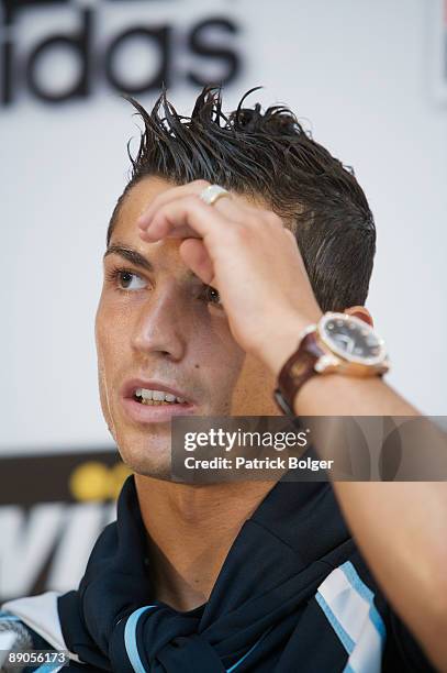 Cristiano Ronaldo speaks at a press conference during the Real Madrid pre-season training camp at Carton House Hotel on July 16, 2009 in Kildare,...