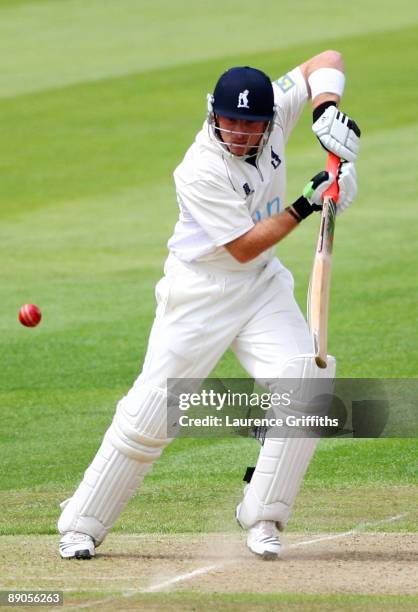 Ian Bell of Warwickshire hits a shot during Day 2 of the LV County Championship Division One match between Warwickshire and Lancashire at Edgbaston...