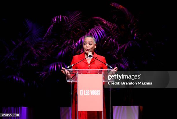 President Lisa Borders speaks during a news conference as the WNBA and MGM Resorts International announce the Las Vegas Aces as the name of their...