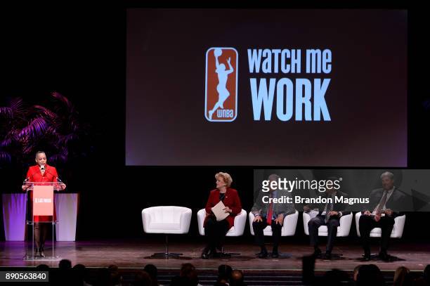 President Lisa Borders speaks during a news conference as the WNBA and MGM Resorts International announce the Las Vegas Aces as the name of their...